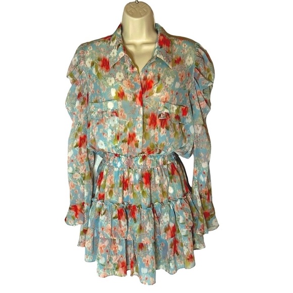 Misa mini dress blue floral design and elastic waist size L - Picture 1 of 8